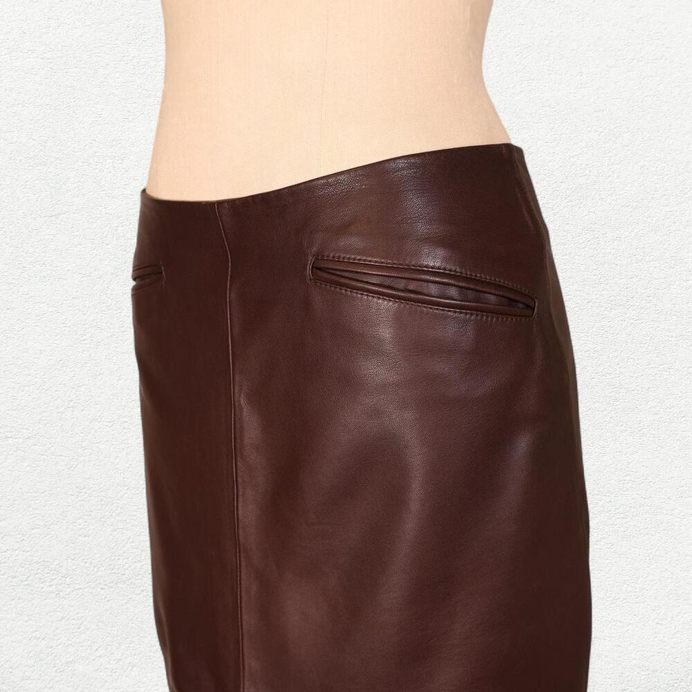 Rouje Paris Fiona Leather Pencil Midi Skirt in Chocolate Brown Burgundy - Picture 4 of 9